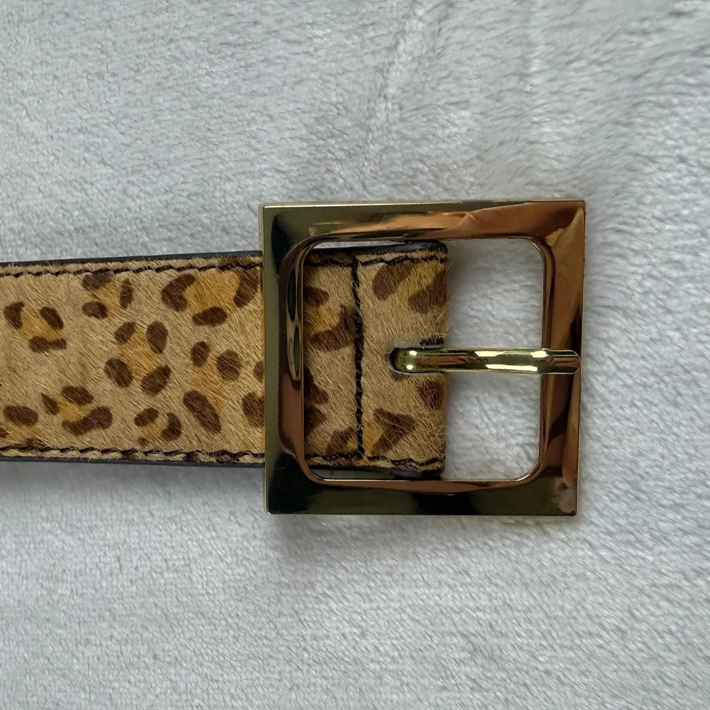 Leopard Calf Hair Belt Womens Small Brown Gold Square Buckle Leather Face Wide